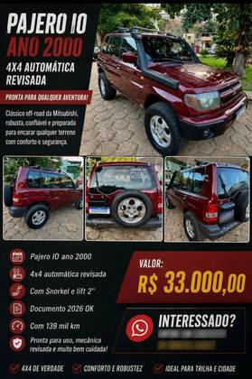 MITSUBISHI PAJERO IO 1.8 4X4 16V GASOLINA 4P AUTOMÁTICO MITSUBISHI PAJERO IO 1.8 4X4 16V GASOLINA 4P AUTOMÁTICO